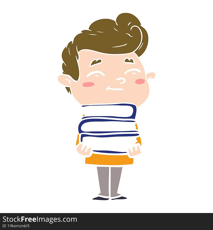 happy flat color style cartoon man with stack of new books