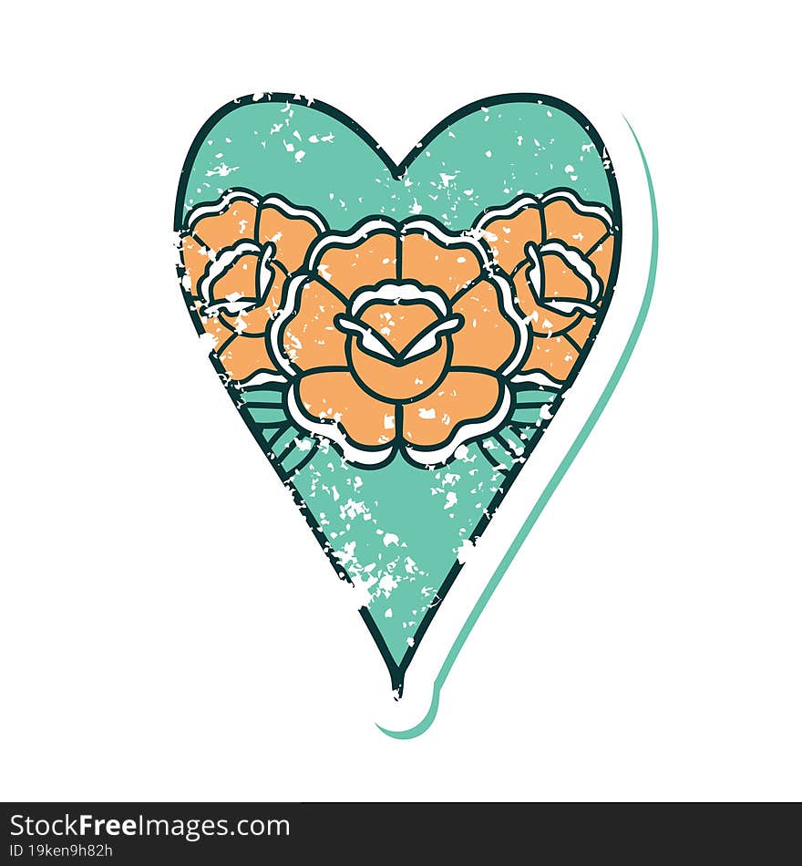 iconic distressed sticker tattoo style image of a heart and flowers. iconic distressed sticker tattoo style image of a heart and flowers