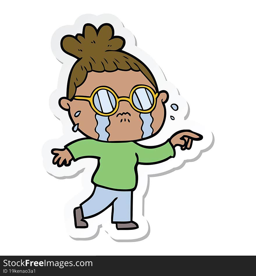 sticker of a cartoon crying woman wearing spectacles