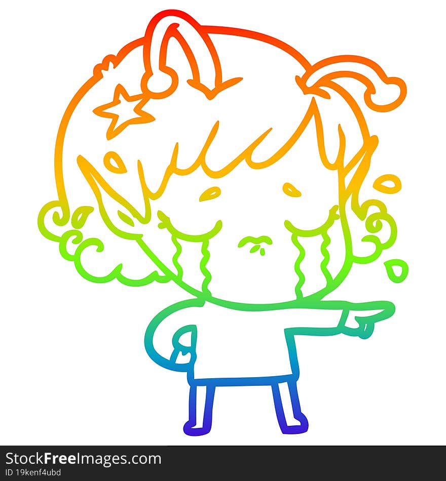 rainbow gradient line drawing cartoon crying alien girl