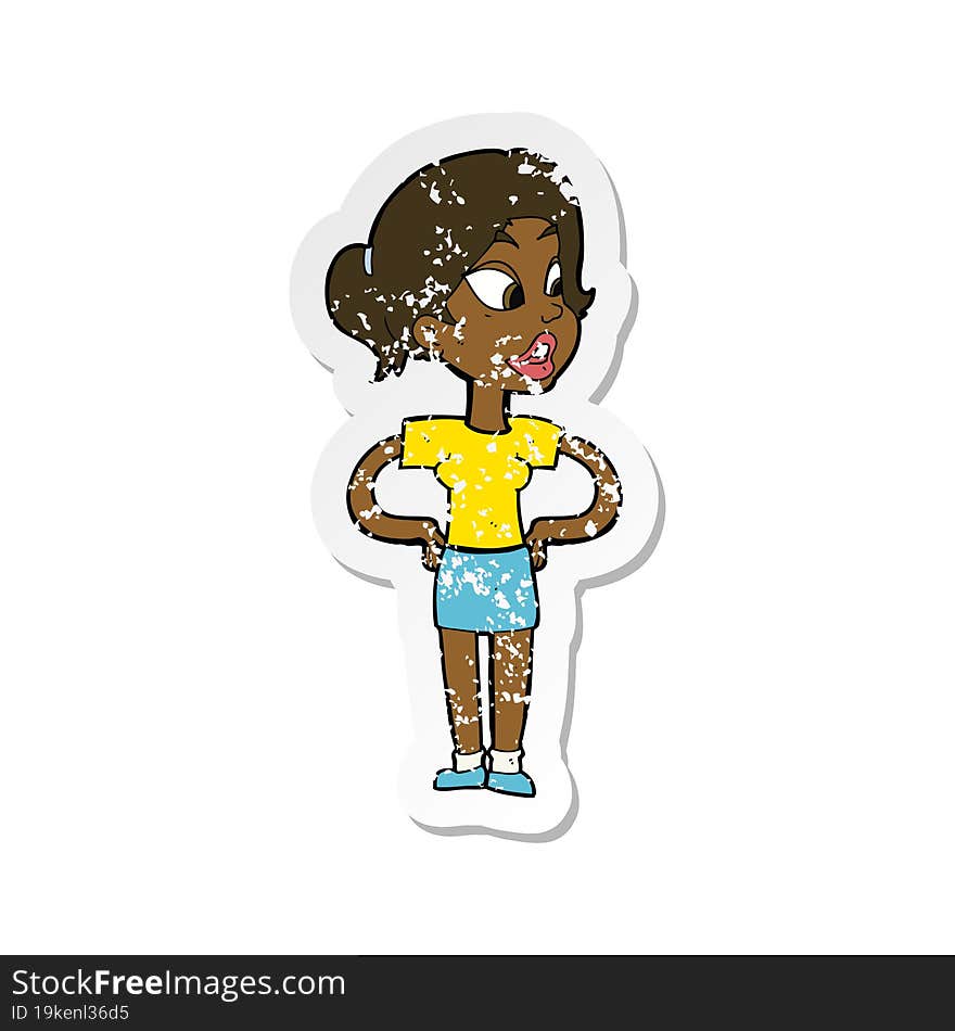 retro distressed sticker of a cartoon woman with hands on hips