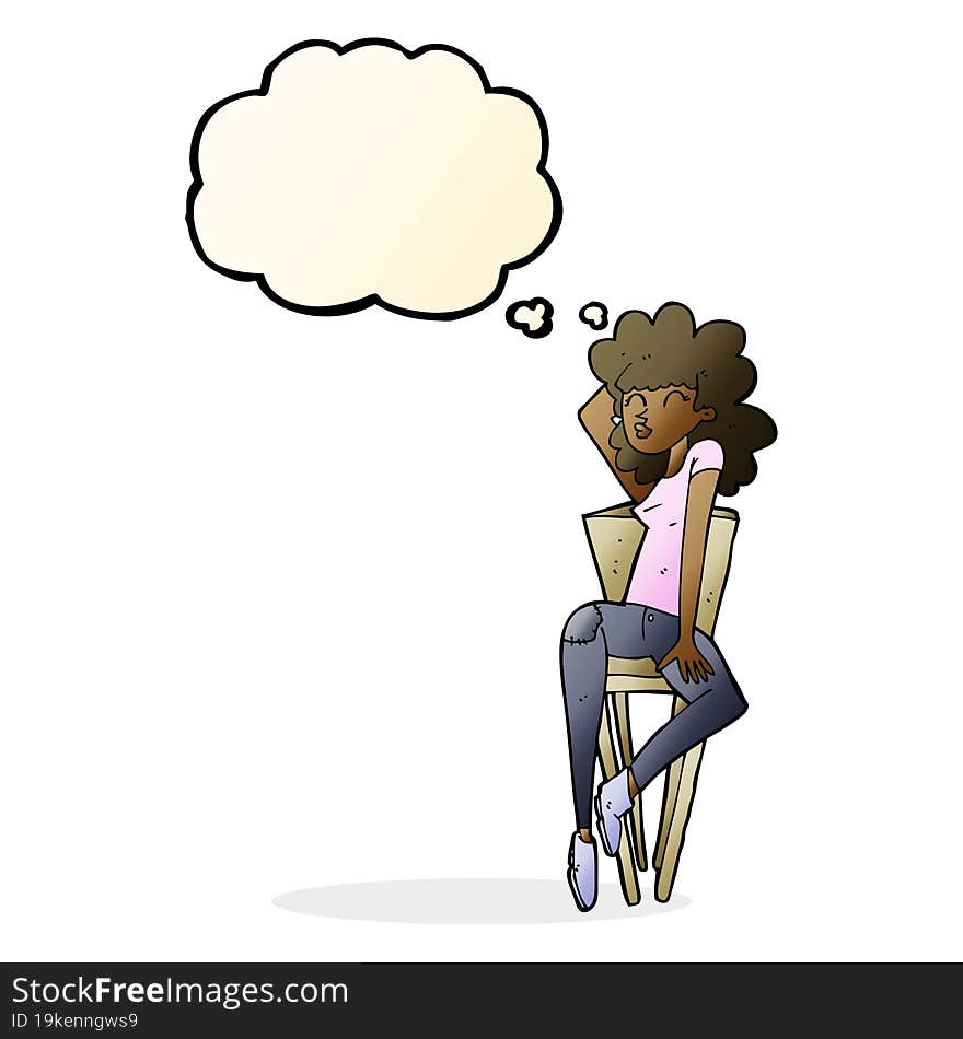 Cartoon Woman Posing On Chair With Thought Bubble