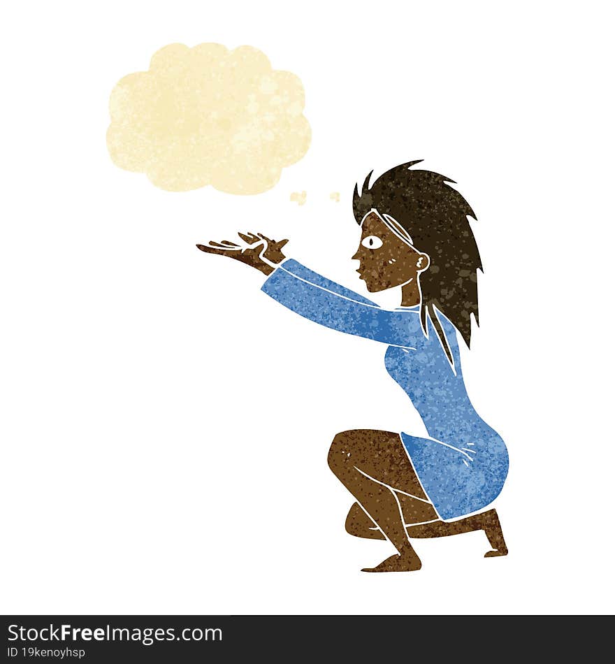 cartoon woman casting spell with thought bubble