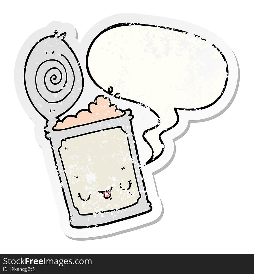 cartoon canned food and speech bubble distressed sticker