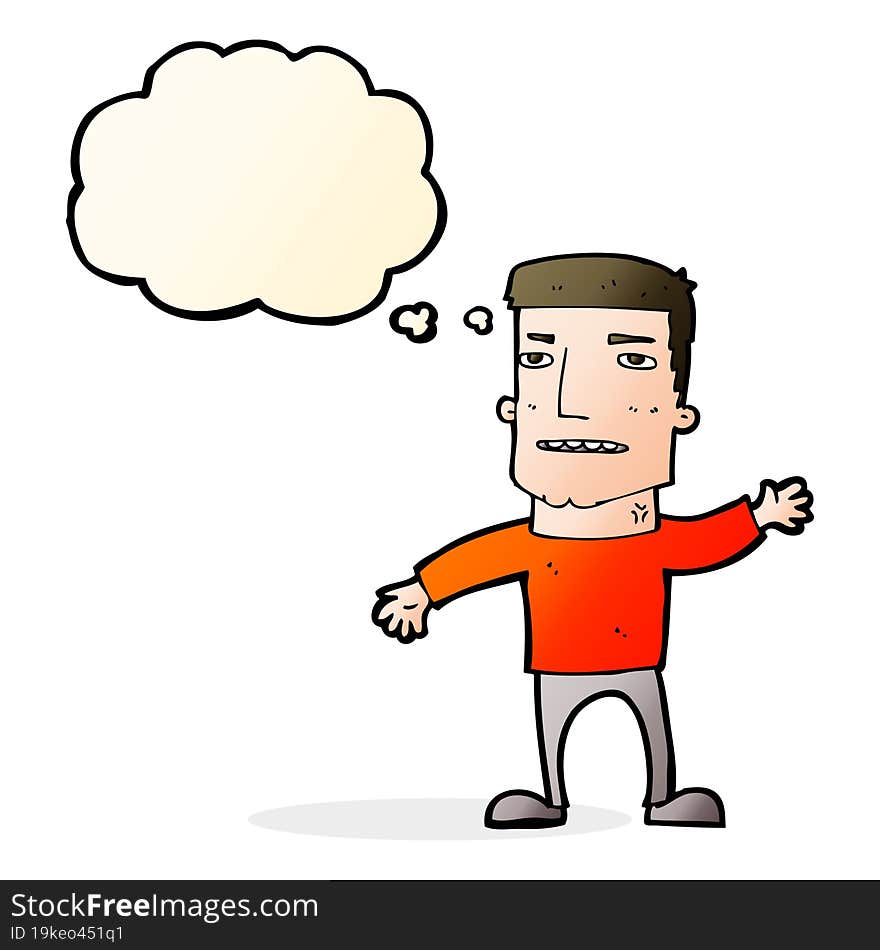 cartoon waving stressed man with thought bubble