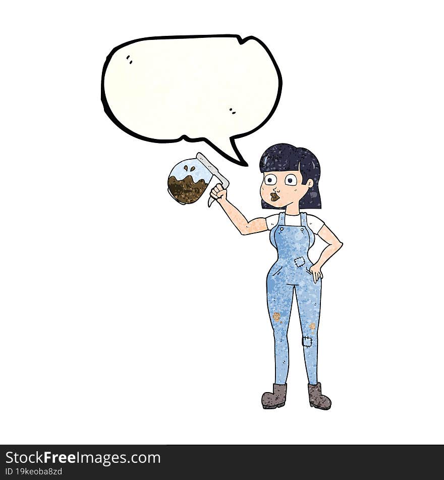 speech bubble textured cartoon woman in dungarees with coffee