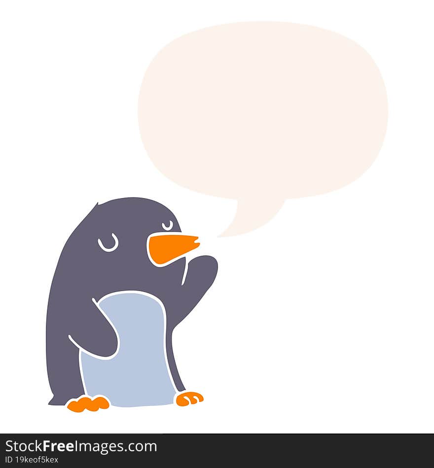 cartoon penguin with speech bubble in retro style