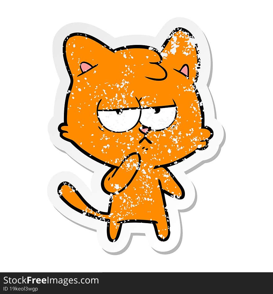 distressed sticker of a bored cartoon cat