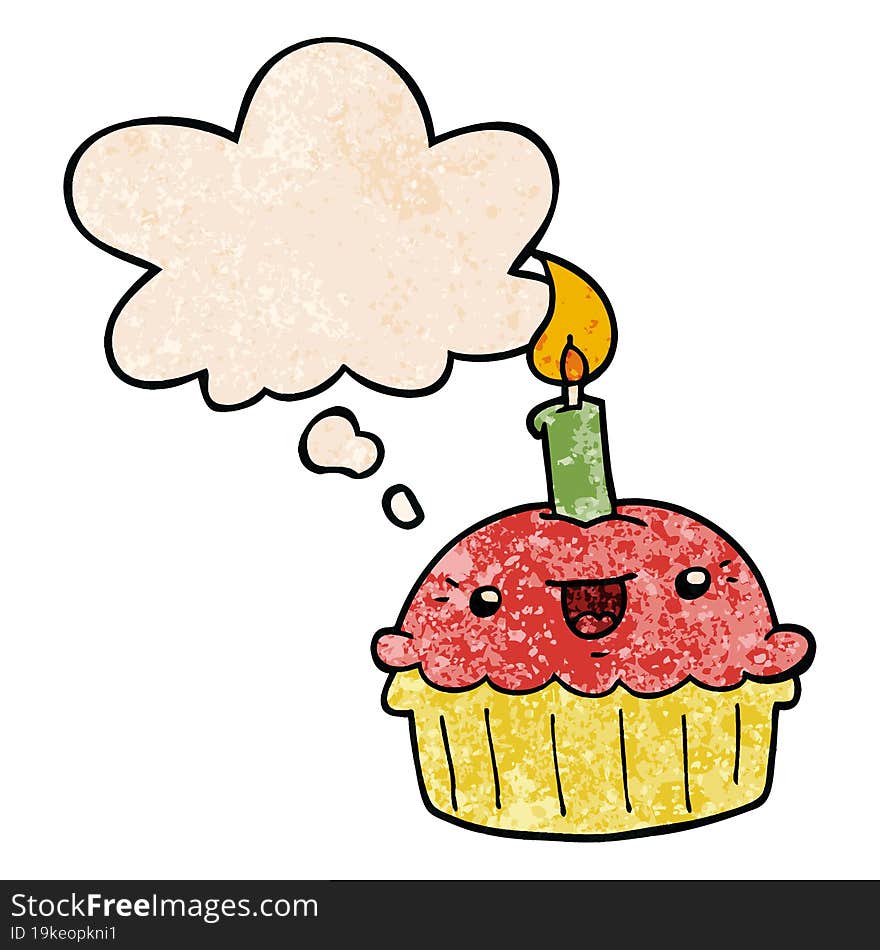 Cartoon Cupcake With Candle And Thought Bubble In Grunge Texture Pattern Style