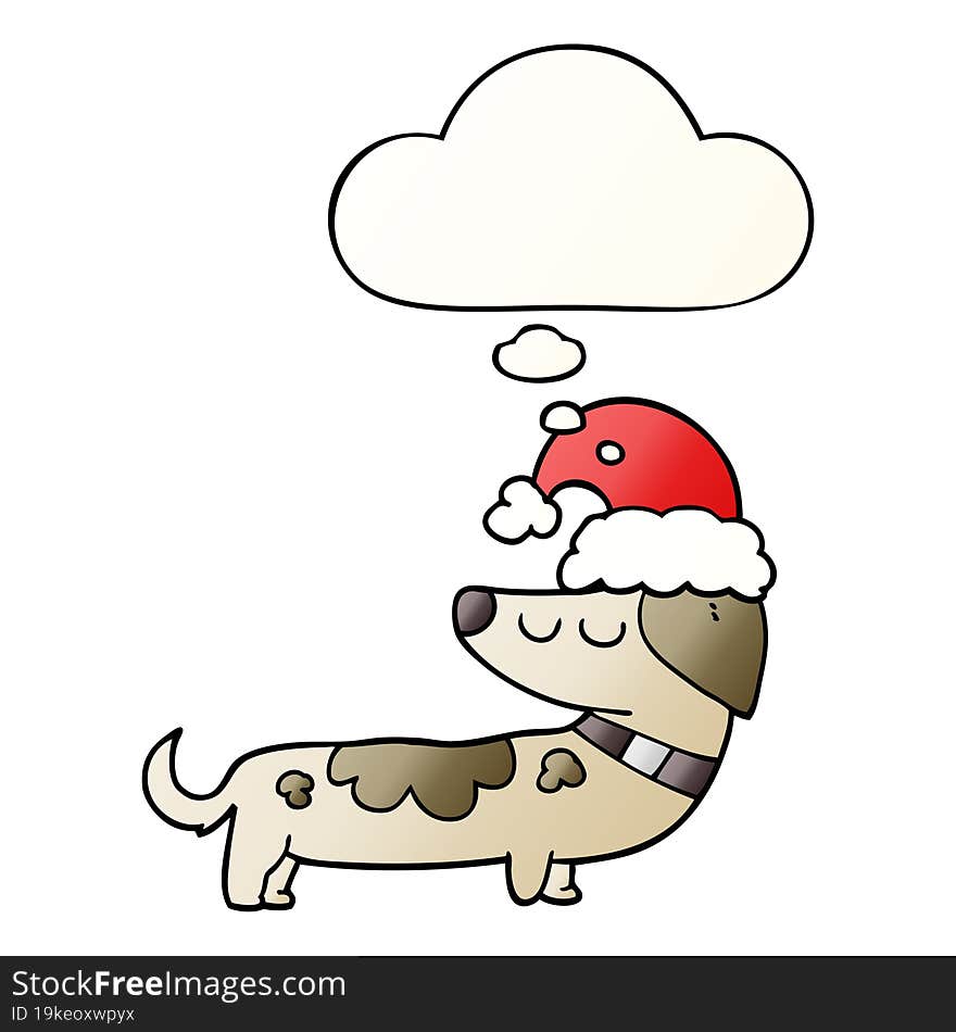 cartoon dog wearing christmas hat and thought bubble in smooth gradient style