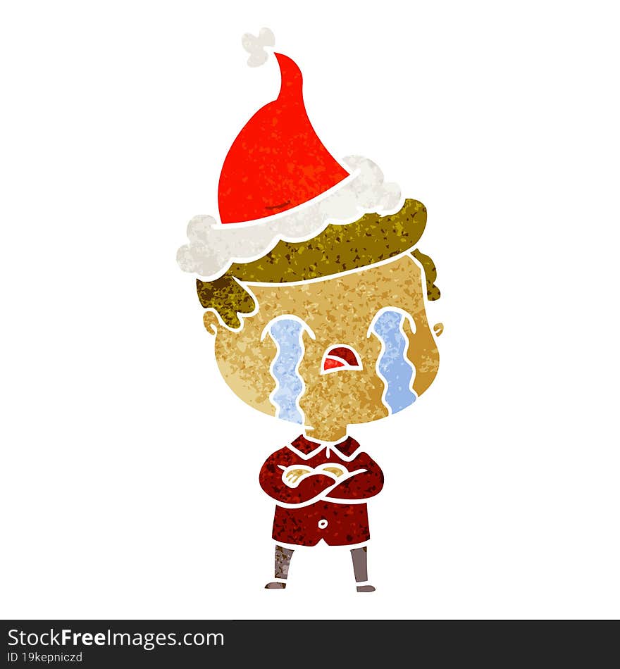 retro cartoon of a man crying wearing santa hat