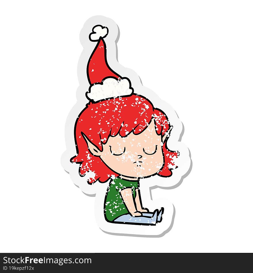 Distressed Sticker Cartoon Of A Elf Girl Wearing Santa Hat