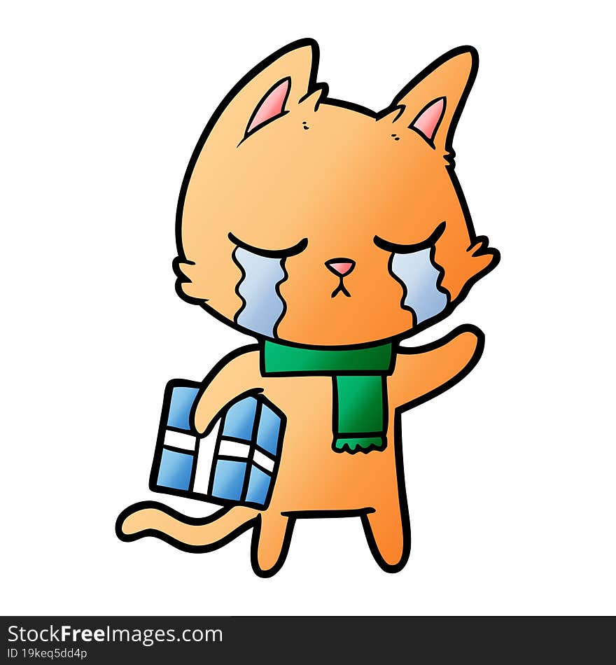 crying cartoon cat holding christmas present. crying cartoon cat holding christmas present