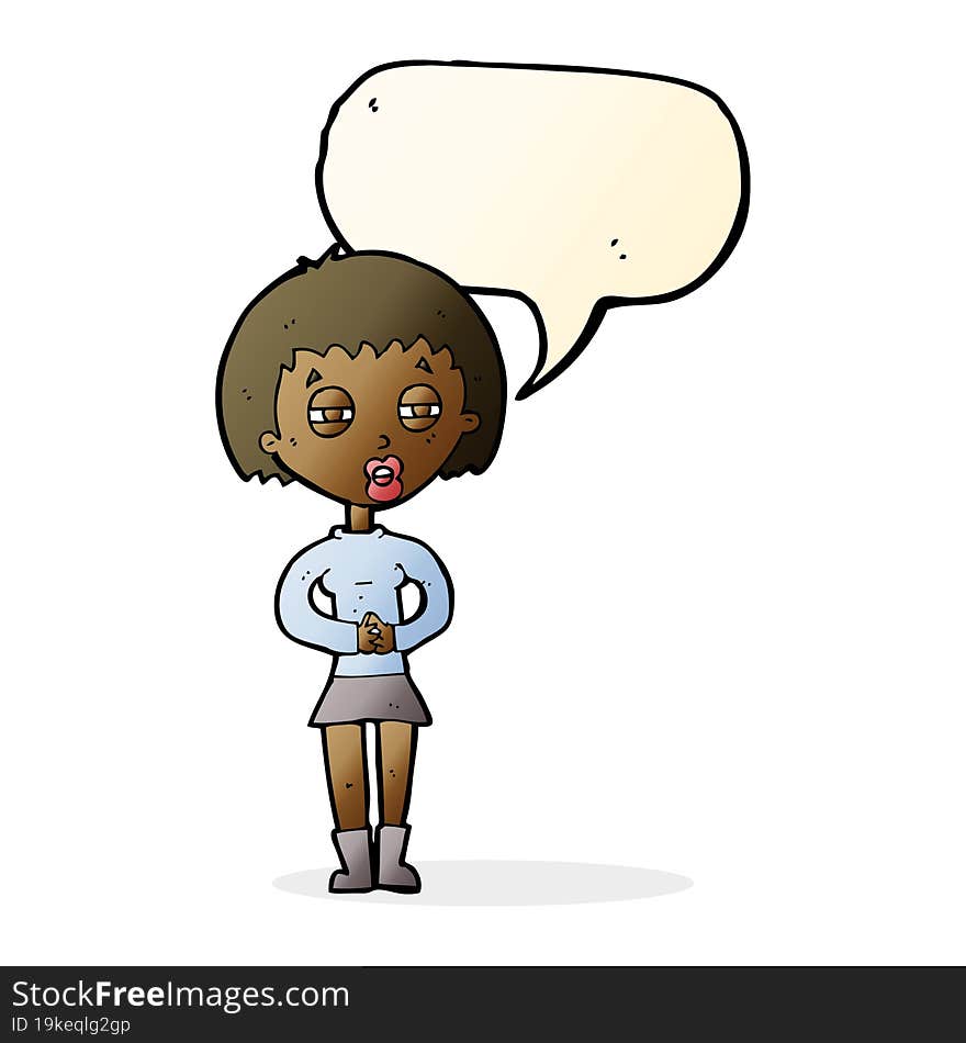 cartoon suspicious girl with speech bubble