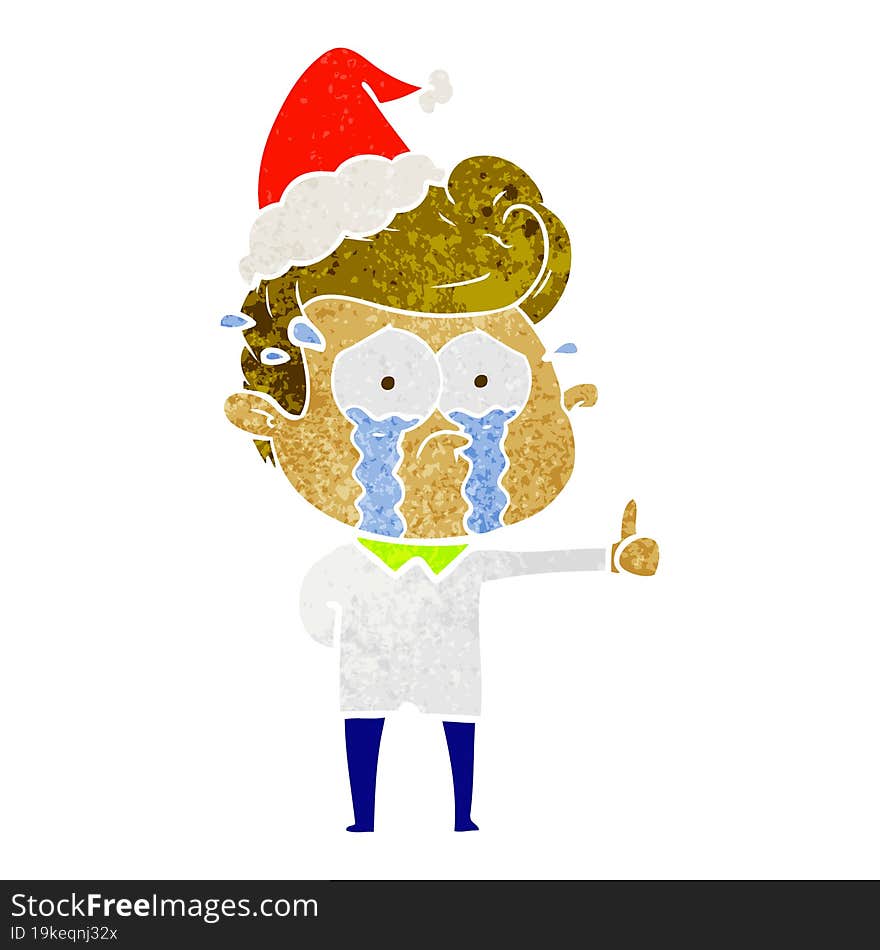 retro cartoon of a crying man wearing santa hat