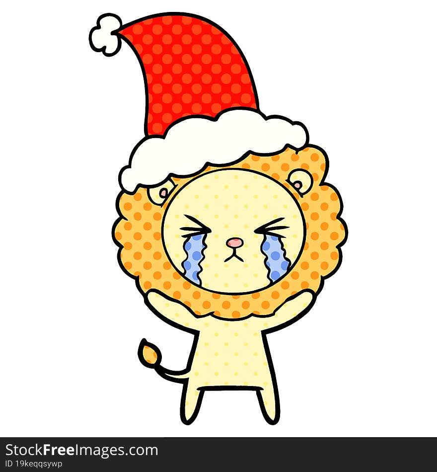 hand drawn comic book style illustration of a crying lion wearing santa hat