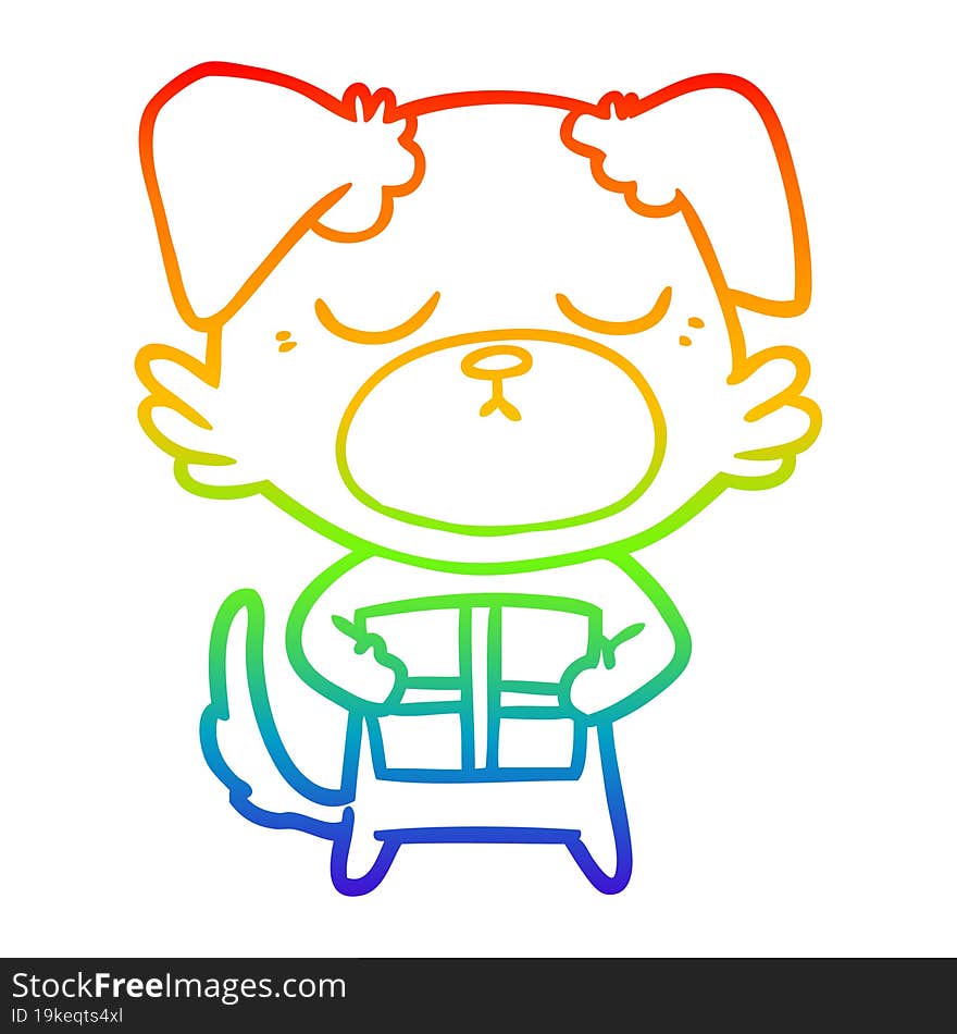 rainbow gradient line drawing cute cartoon dog with christmas present