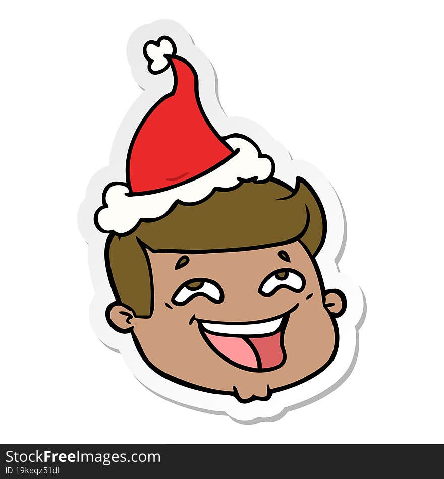 happy sticker cartoon of a male face wearing santa hat