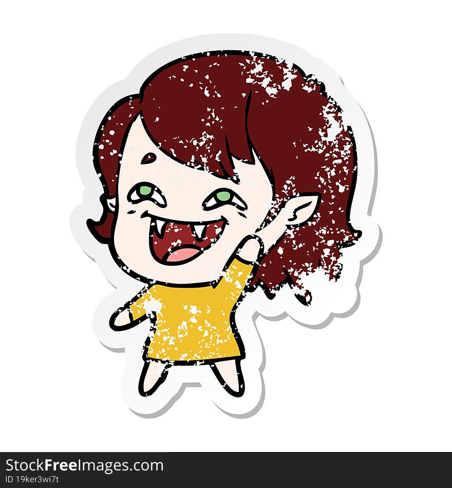 distressed sticker of a cartoon laughing vampire girl