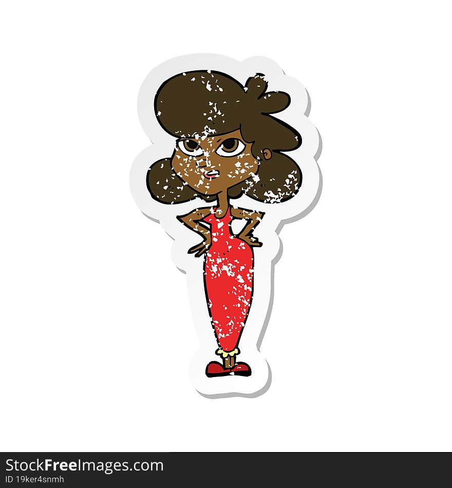 retro distressed sticker of a cartoon girl with hands on hips