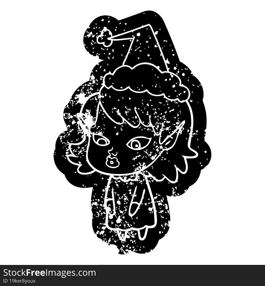 quirky cartoon distressed icon of a elf girl with pointy ears wearing santa hat