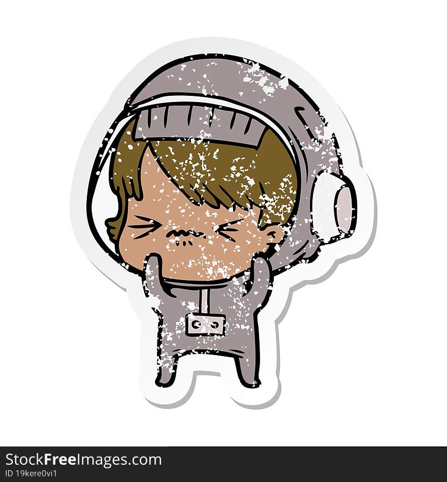 distressed sticker of a angry cartoon space girl