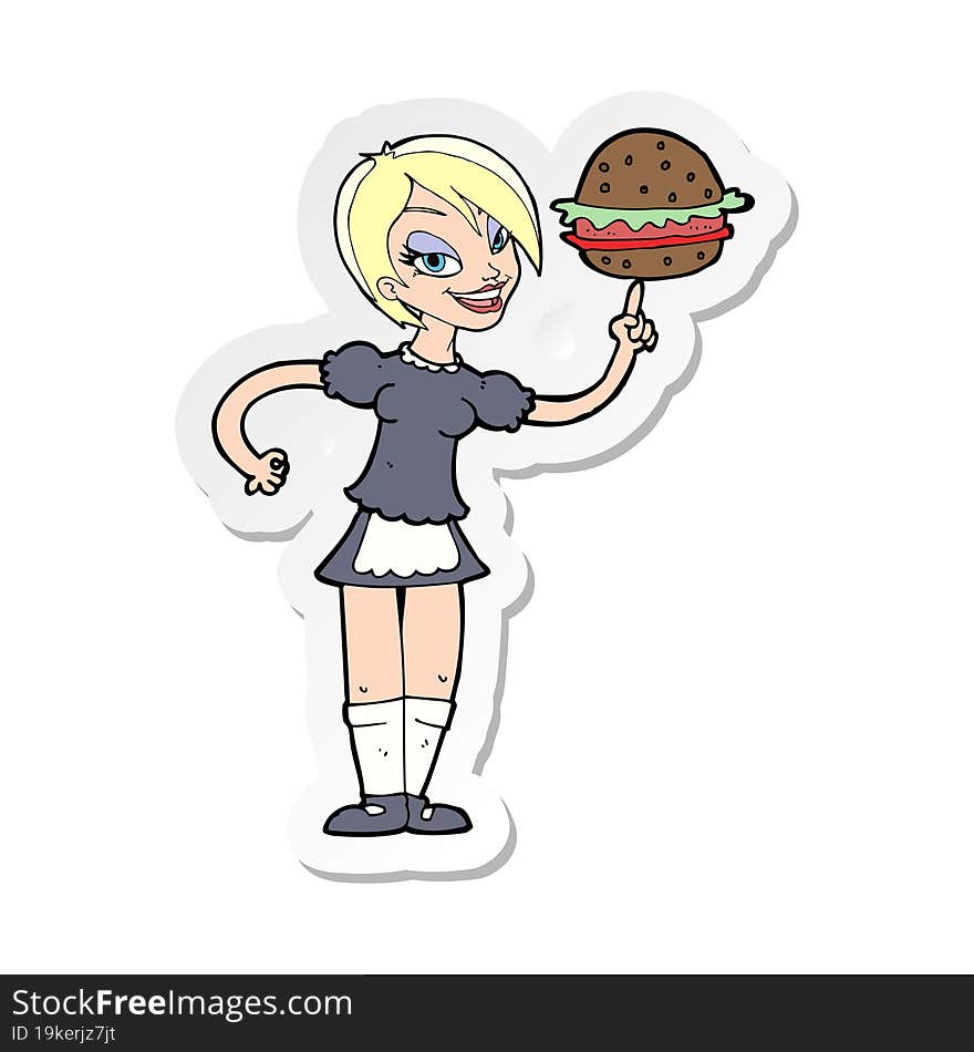 sticker of a cartoon waitress serving a burger