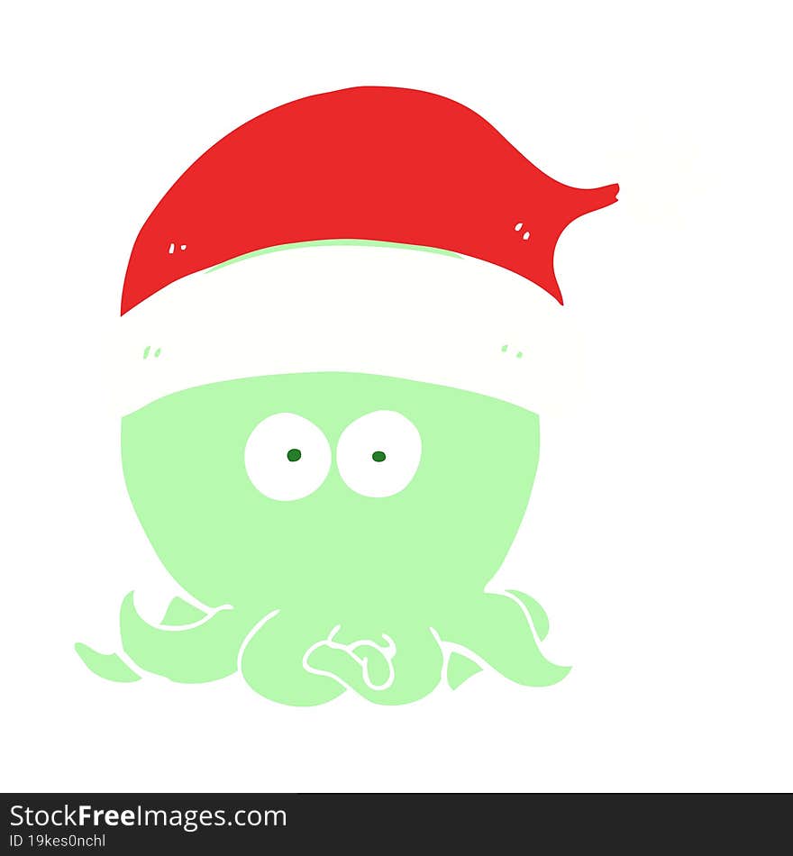 flat color style cartoon octopus wearing christmas hat