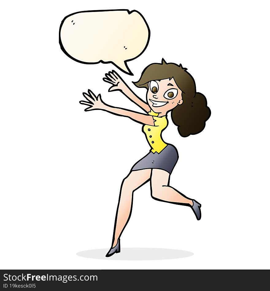 Cartoon Happy Woman Jumping With Speech Bubble