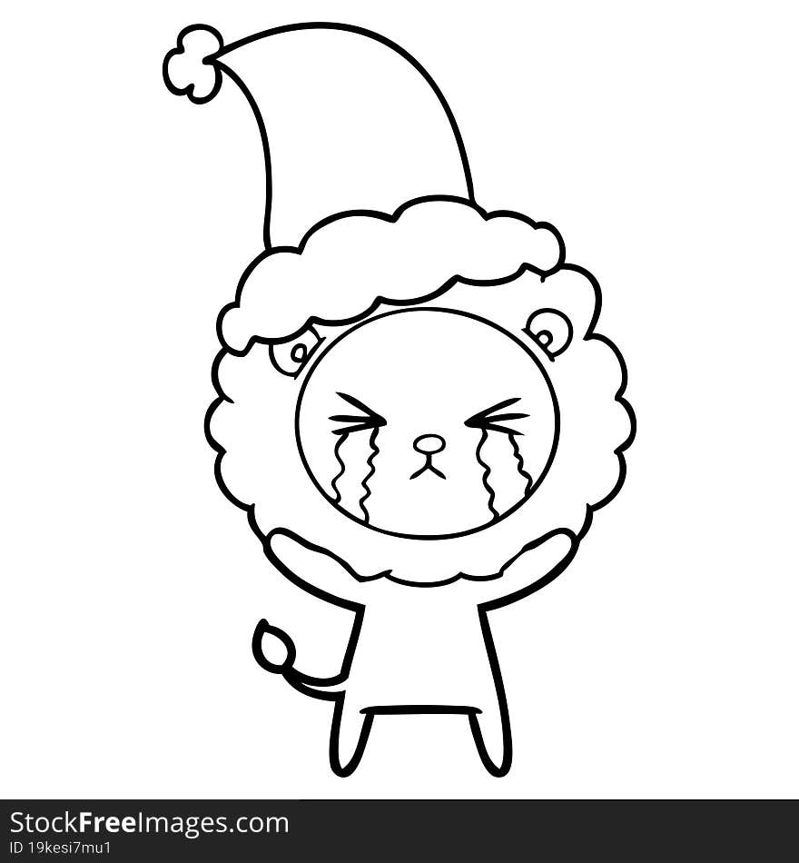 line drawing of a crying lion wearing santa hat