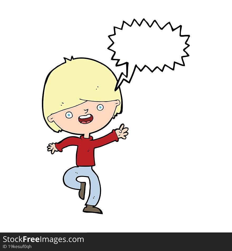 Cartoon Happy Boy Dancing With Speech Bubble