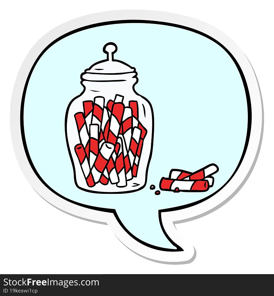 cartoon traditional candy sticks in jar and speech bubble sticker