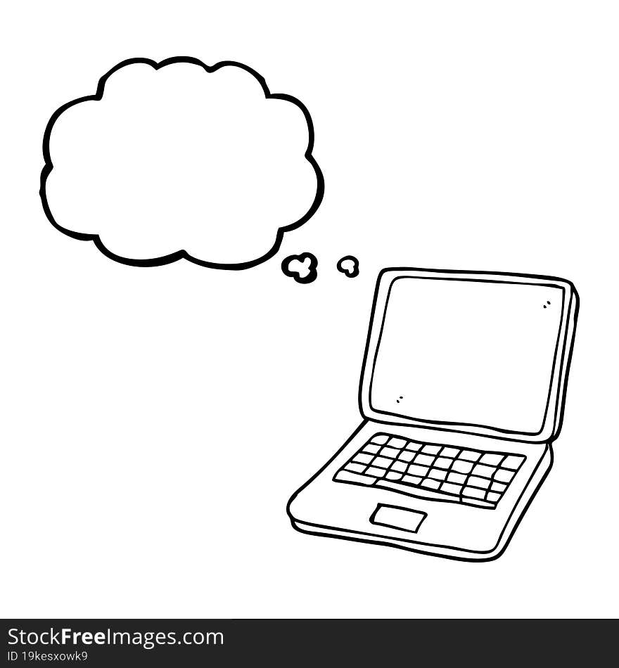 freehand drawn thought bubble cartoon laptop computer with heart symbol on screen