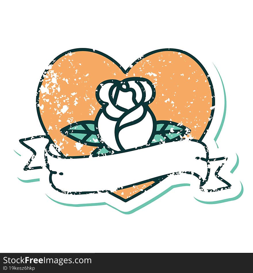 Distressed Sticker Tattoo Style Icon Of A Heart Rose And Banner