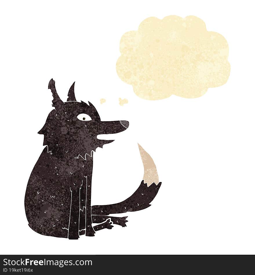 cartoon wolf sitting with thought bubble