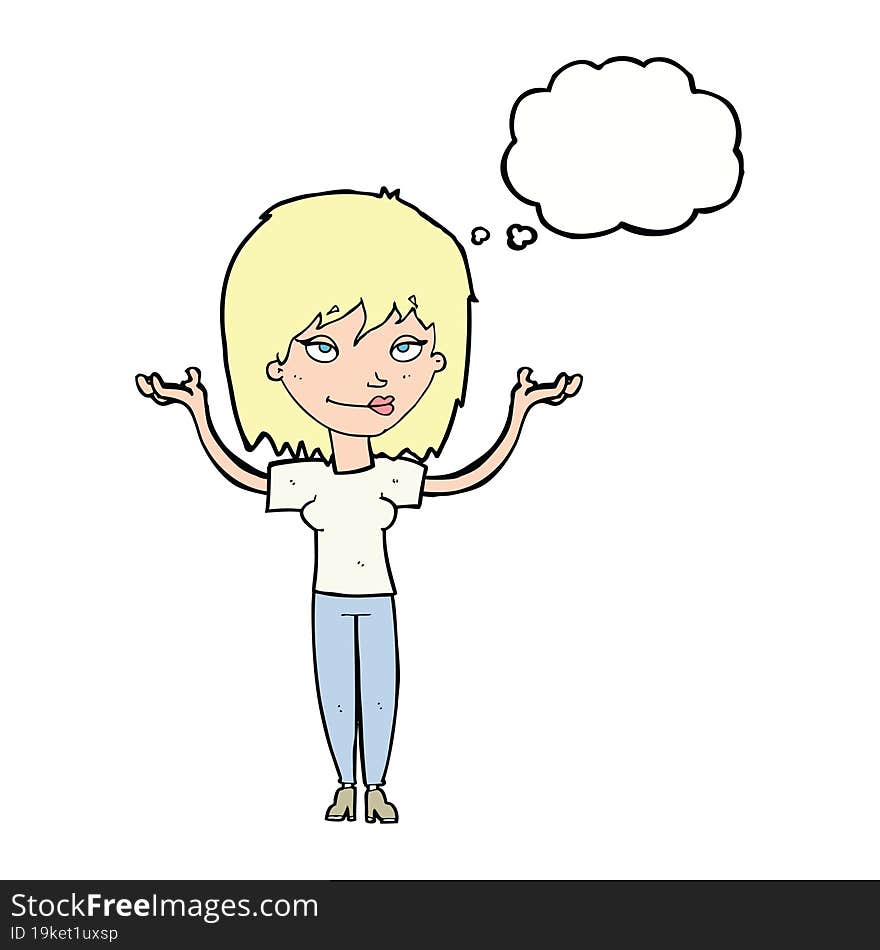 cartoon woman shrugging with thought bubble