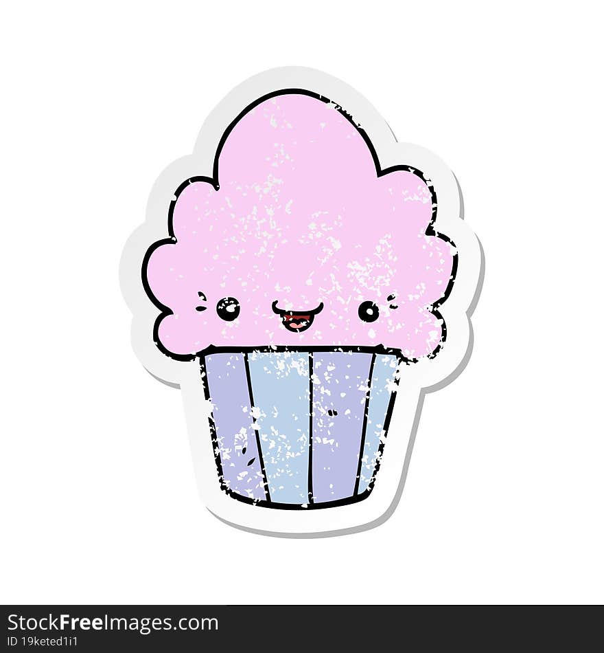 Distressed Sticker Of A Cartoon Cupcake With Face