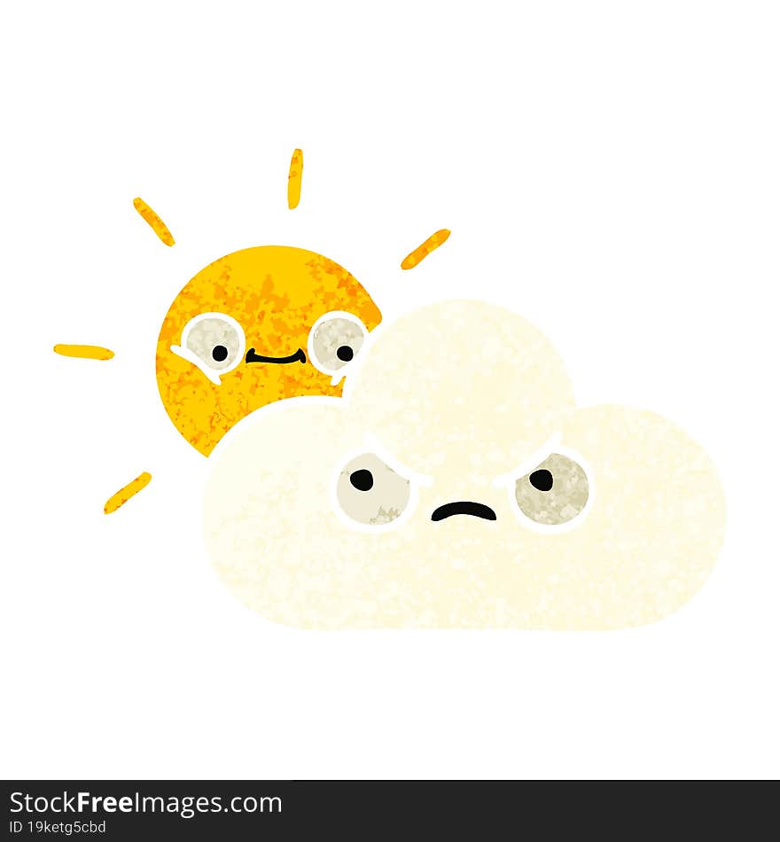 retro illustration style cartoon of a sunshine and cloud