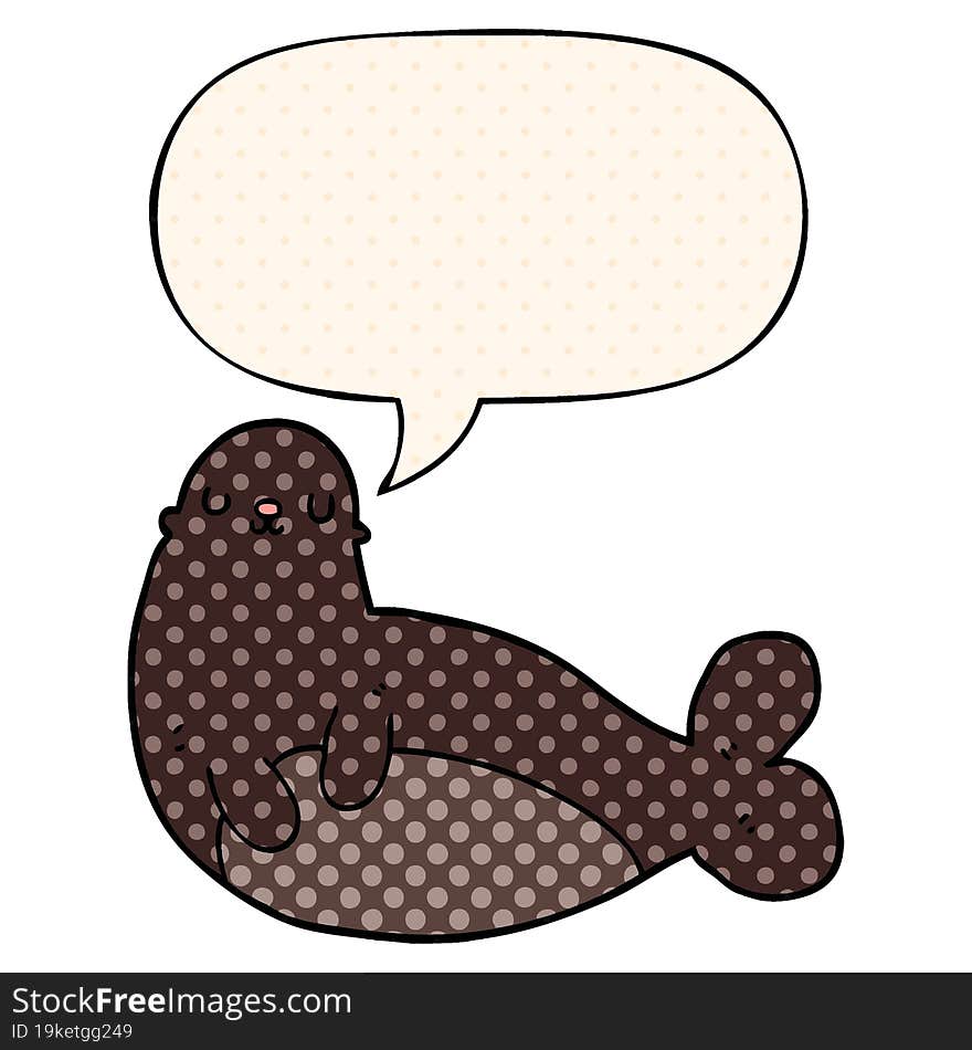 cartoon seal with speech bubble in comic book style