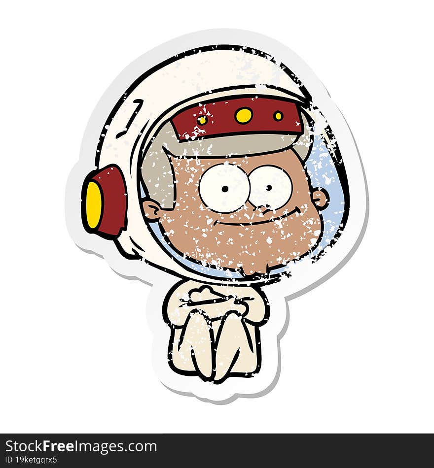 distressed sticker of a happy astronaut cartoon