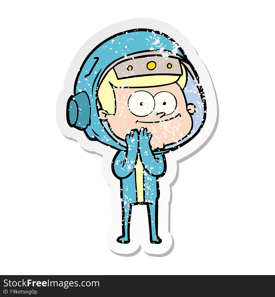 distressed sticker of a happy astronaut cartoon