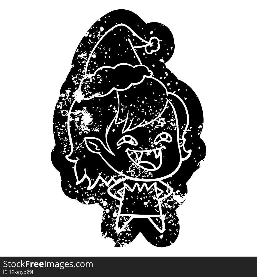 quirky cartoon distressed icon of a laughing vampire girl wearing santa hat