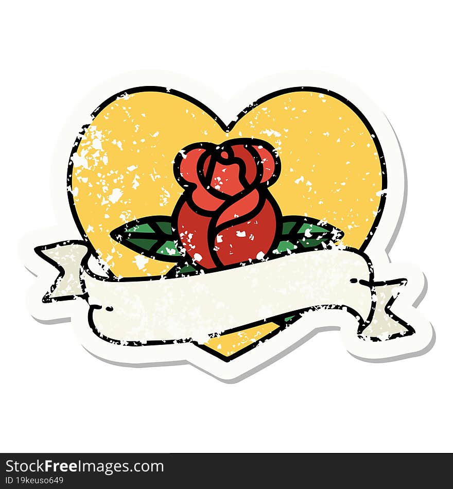 distressed sticker tattoo in traditional style of a heart rose and banner. distressed sticker tattoo in traditional style of a heart rose and banner