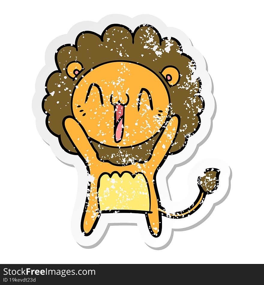 distressed sticker of a happy cartoon lion