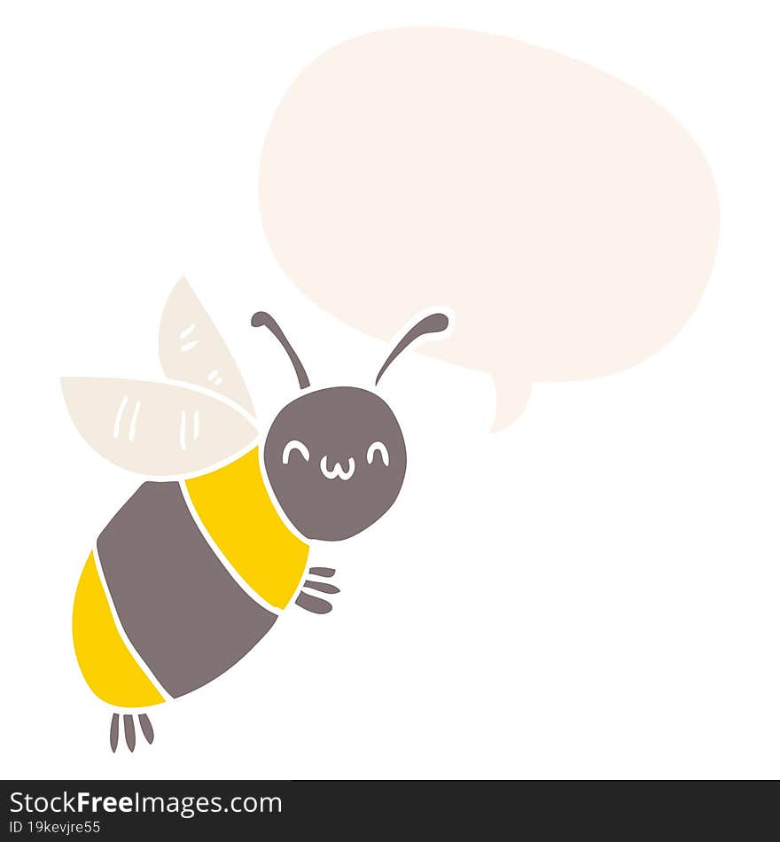 cute cartoon bee and speech bubble in retro style