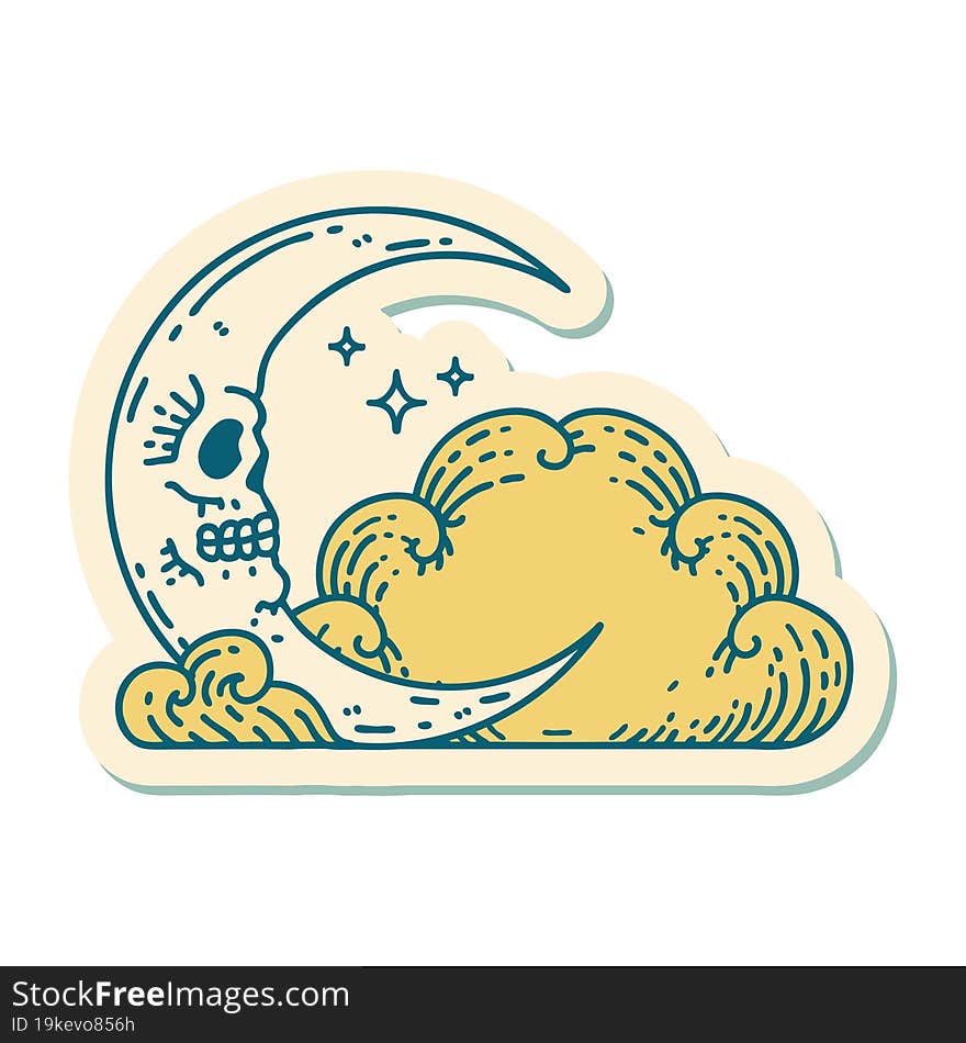 sticker of tattoo in traditional style of a skull crescent moon and clouds. sticker of tattoo in traditional style of a skull crescent moon and clouds