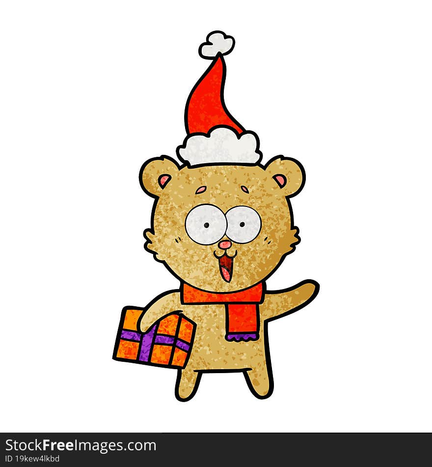 Laughing Teddy  Bear With Christmas Present Wearing Santa Hat