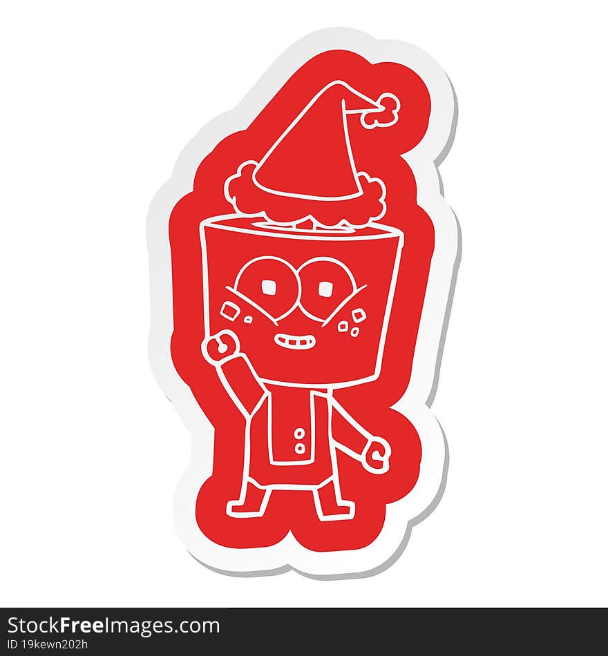 happy quirky cartoon  sticker of a robot waving hello wearing santa hat