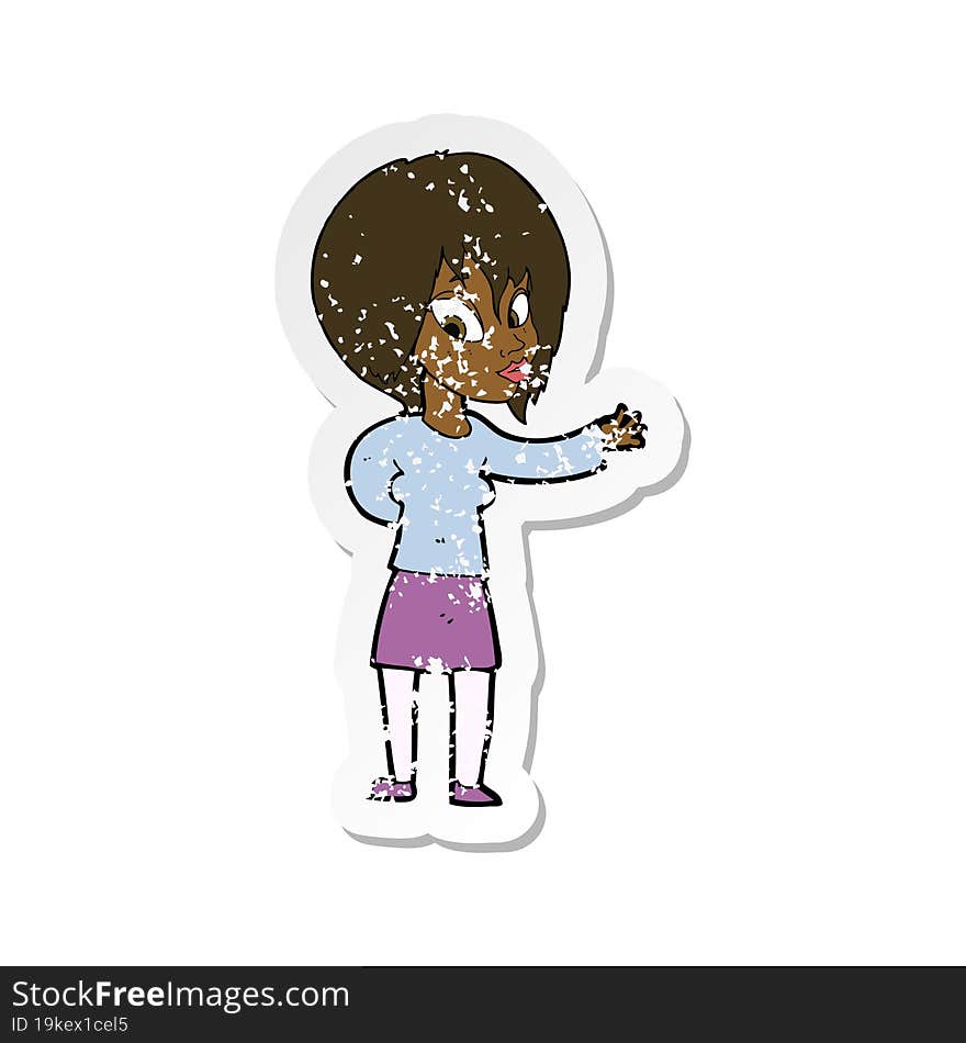 retro distressed sticker of a cartoon woman making welcome gesture