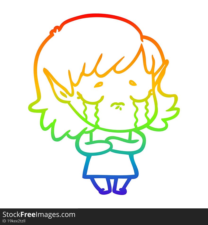 rainbow gradient line drawing of a cartoon crying elf girl